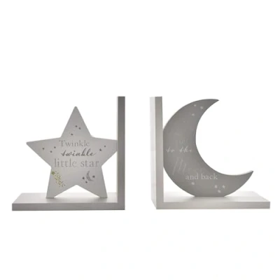 Image of Bambino CG1520 Star &amp; Moon Shaped Bookends Pale Blue with Text&quot;Twinkle Twinkle&quot; &amp;&quot;Love You to The Moon&quot; Nursery Baby