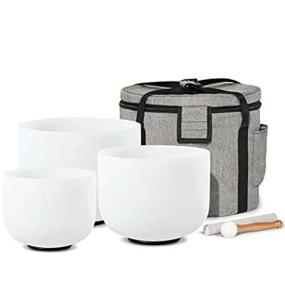Image of CVNC Set of 3 PCS 440HZ 8&quot; A + 10&quot; C 12&quot; F Frosted Quartz Crystal Singing Bowls with Travel Carry Case Bag for Sound Healing and Meditation