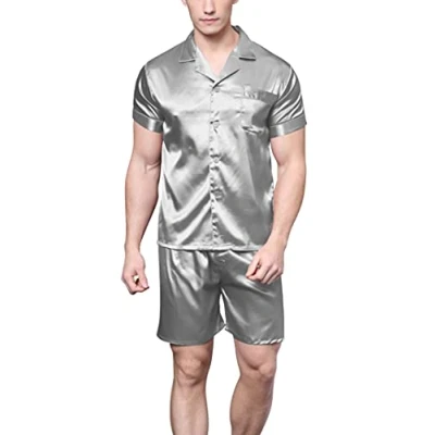 Image of Men&#039;s Short Sleeve Satin Pyjama Set with Shorts (Gray,Medium)