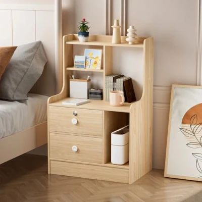 Image of gibxiyza Bedside Table Drawers Bedroom Furniture Side Tables Nightstand Cabinets End with 2 and Opening Storage Shelves, Couch Wooden for Living Room Wood