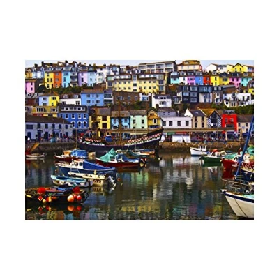 Image of Wee Blue Coo Photo Cityscape Brixham Devon England Harbour Boats Wall Art Print