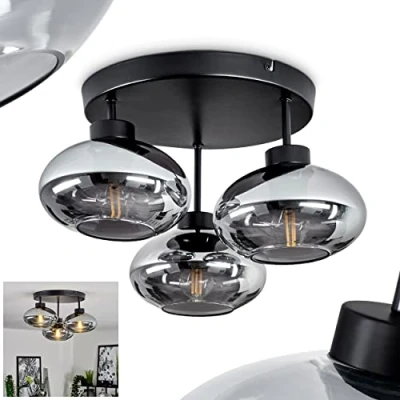 Image of Ceiling lamp Haikala, Metal/Glass in Black/Smoke, Retro/Vintage Light, 3 x E27, lampshades Smoked Glass, Without Bulbs
