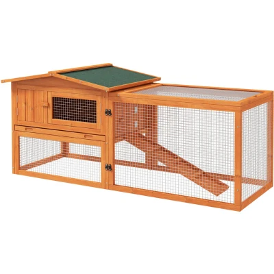 Image of PawHut Rabbit Hutch with Run Wooden Guinea Pig Outdoor Bunny Cage Hide House Sliding Tray, Hay Rack, Ramp, 156 x 58 68cm, Orange