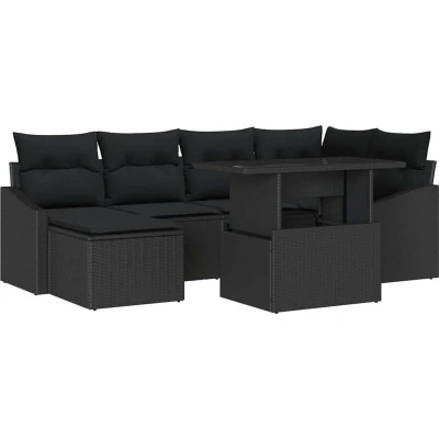 Image of vidaXL 7 Piece Garden Sofa Set with Cushions Black Poly Rattan