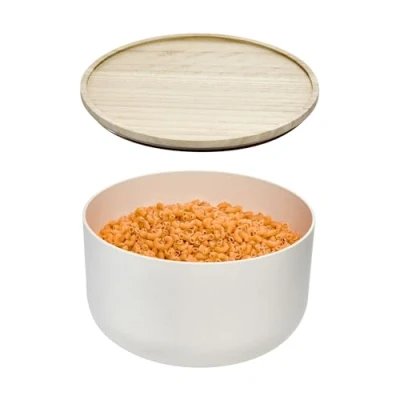 Image of iDesign Recycled Plastic Large Mixing Bowl with Lid, The Rosanna Pansino Collection 10 L x 11 W x7.55 H, Coconut Natural Wood Lid