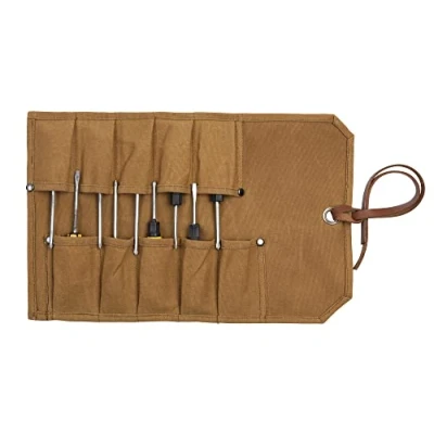 Image of Xingte Heavy Duty Waxed Canvas Tool Roll Bag, Multi function Bag with 10 Staggered Pockets, Khaki