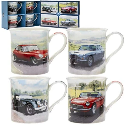 Image of Lesser &amp; Pavey Classic Cars Mugs Set of 4 Ceramic Coffee for Home or Work Premium Design All Occasions Lovely Tea, Hot Drinks