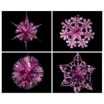 Image of Set of 4 40cm Christmas Foil Ceiling Garland Hanging Xmas Decoration, Long Star, Snowflake, Star Ball &amp; (Pink)
