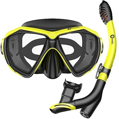Image of Dorlle Snorkel Set with and Goggles Waterproof Diving Mask Anti Fog Leak Tempered Glass 3 Channel Premium Dry for Adults, Black/Yellow