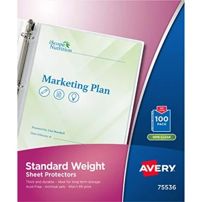 Image of Avery Semi Clear Standard Weight Sheet Protectors, Top Load, 100 Document Protectors (75536)