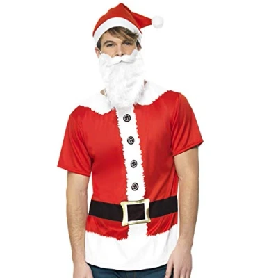 Image of Smiffys Santa Instant Kit, Red with T Shirt, Hat &amp; Beard, Christmas Adult Fancy Dress, Dress Up Costumes