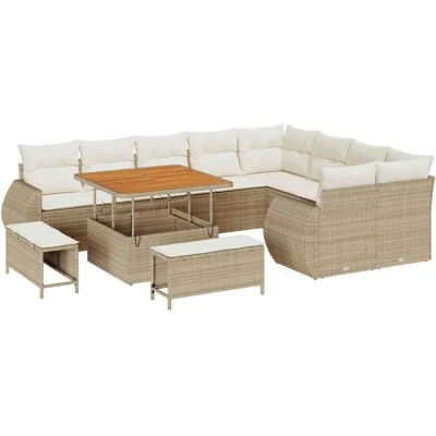 Image of 12 Piece Garden Sofa Set with Cushions Beige Poly Rattan Acacia vidaXL