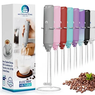 Image of Electric Milk Frother Handheld, Battery Operated Whisk Beater Foam Maker for Coffee, Cappuccino, Latte, Matcha, Hot Chocolate, Mini Drink Mixer, With Stand, Grey