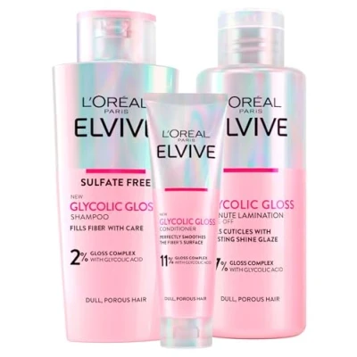 Image of L&#039;Oréal Paris Elvive Glycolic Gloss Conditioner 150ml + Shampoo 200ml Lamination Treatment 5 Minutes Set for Dull and Porous Hair Intense Long Lasting Shine 3 Bottles