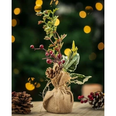 Image of Marco Paul Rustic Artificial Christmas Tree in Burlap Sack Decorative Festive Xmas Faux Foliage Home Decoration Décor Indoor Ornament Table Centrepiece (Large Pinecone &amp; Berries Tree)