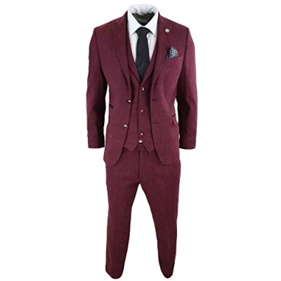Image of Mens Wool 3 Piece Suit Tweed Burgundy Black Tailored Fit Classic