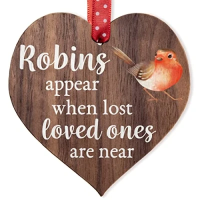 Image of Manta Makes Robins appear when loved ones are near Wooden Hanging Heart Memorial Christmas Tree Decoration Plaque Bauble