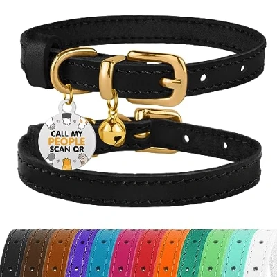 Image of BRONZEDOG Leather Cat Collar with Bells Non Breakaway Kitten QR Tag for Girl Boy (23 28 cm, Black &amp; Gold)