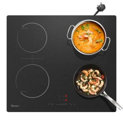 Image of GlONlEN Plug in Induction Hob 13Amp, 2800W,60cm Electric Cooktop with Bridge Zone, 4 Cooking Rings Cooker Frosted Glass(Black Frosted)