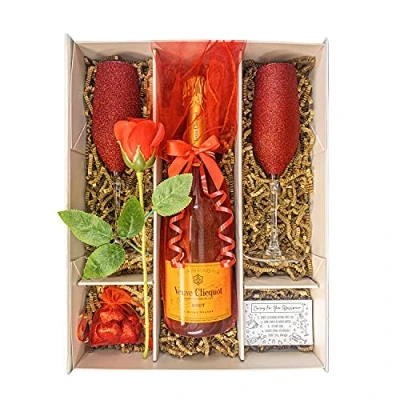 Image of Veuve Clicquot 75cl Champagne Valentines Day Gift Set Hamper With Matching Red Flutes, Rose &amp; Chocolates, Boxed Congratulations Gift, Ruby Anniversary For Couples (Veuve Clicquot)