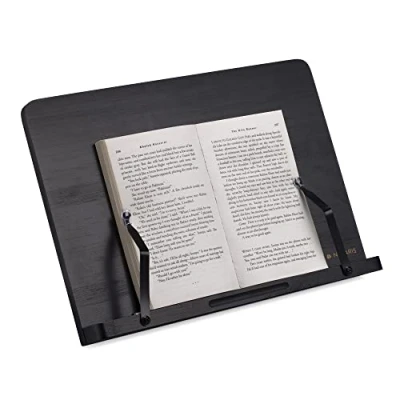 Image of Navaris Bamboo Book Stand Hands Free Reading Recipe Cookbook Tablet Holder with 2 Adjustable Metal Page Holders Grips Easel Black