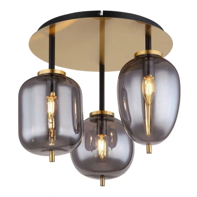Image of Blacky I Globe Ceiling Light Brass Coloured Matt Smoke Glass Shade 3x E14
