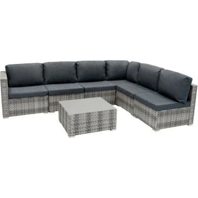 Image of Rattan Garden Furniture Modular 7 Piece Set Grey 5 Seater Sofa Sectional Chairs With Cushions Glass Top Coffee Table UV Protected Washable Covers Outdoor Patio Conservatory Waterproof Cover