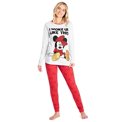 Image of Disney Stitch Womens Pyjamas Set Nightwear Top and Long Bottoms PJs Lounge Women Teenagers S XL Gifts (Grey/Red Minnie, L)