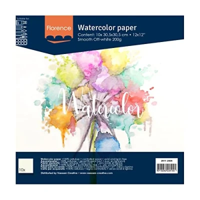 Image of Vaessen Creative Florence Watercolour Paper 12x12 in Ivory, 300 GSM, Artist Grade Quality, Smooth Surface, 10 Sheets for Scrapbooking, Painting, Handlettering, Art Projects, 12 x 12&quot;