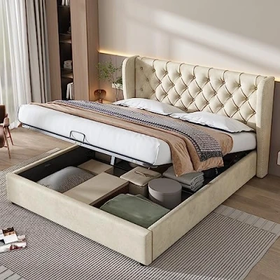 Image of ModernLuxe Double bed frame with storage, Upholstered bed, hydraulic lever, functional from 135 x 190 cm, without mattress, velvet (Beige)