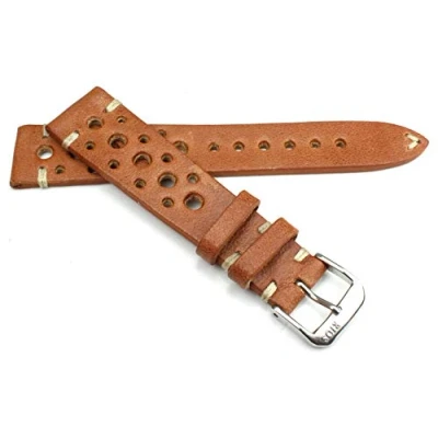 Image of RIOS1931 Rallye Vintage Cowhide Leather Watch Strap Handmade in Germany Robust 19 mm Light Brown, brown silver clasp, mm, Strap.