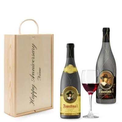 Image of Personalised Faustino Spanish Rioja Red Wine Gift Set (2 x 75cl) (Happy Anniversary, 750ml, Wine)