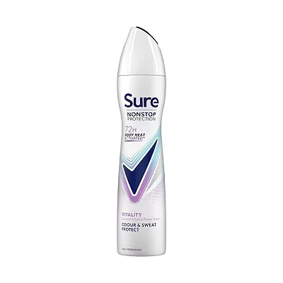 Image of Sure Women Nonstop protection Vitality Anti Perspirant Aerosol women&#039;s deodorant spray with Body Heat Activated technology for 72 hour against odour and sweat 250 ml