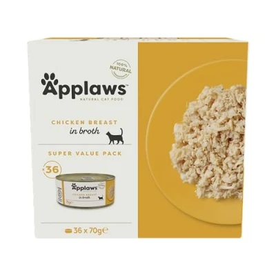 Image of Applaws 100% Natural Wet Cat food, Chicken Breast in Broth 70 g, Bulk Pack (36 x g Tins)