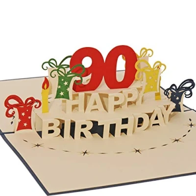 Image of Favour Pop Up, greeting card for the 90th birthday. A filigree work of art that unfolds when you open designed blue envelope. TA90B