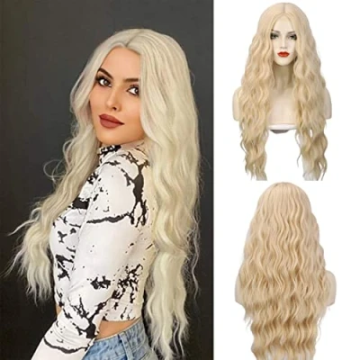 Image of Long Platinum Blonde Hair Wig, ATAYOU Wavy Curly Small Lace Front Wig Synthetic Light for Daily Cosplay