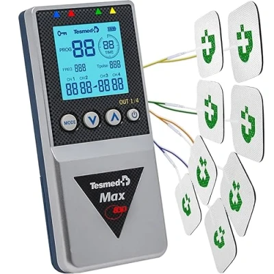 Image of TESMED Max 830: Professional Muscle Stimulator with TENS/EMS/Massage Programs Sequential Stimulations, 4 Channels, 115 (20 Customizable), Rechargeable, 20 Electrodes Included