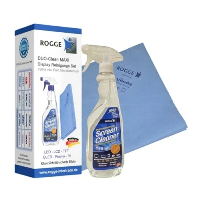 Image of ROGGE DUO Clean Original LED LCD TFT Plasma TV Screen Cleaner 750ml Spray Bottle with 1 Professional Microfibre Cloth 38x40 cm.