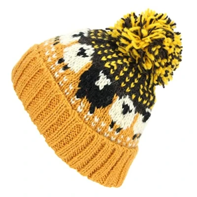Image of LOUDelephant Wool Knit Bobble Beanie Hat Sheep Mustard Brown