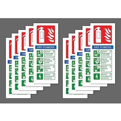 Image of Dry Powder Fire Extinguisher ID Safety sign 200mm x 80mm (Pack of 10 signs) Self adhesive stickers