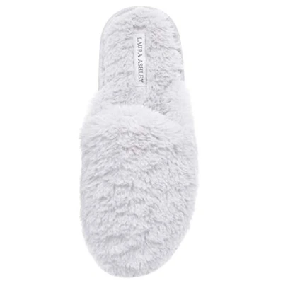 Image of Laura Ashley Womens Plush Faux Rabbit Fur One Band Memory Foam Slide Slippers, Warm Fuzzy Fluffy Open Toe Slides, Light Grey, M