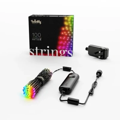 Image of Twinkly Strings 100 LED RGB, Light String for in and Outdoor, Christmas Lights, Smart Mappable LEDs, Compatible with Alexa Google Home, IP44, Controlled by App, Black Wire, 8m