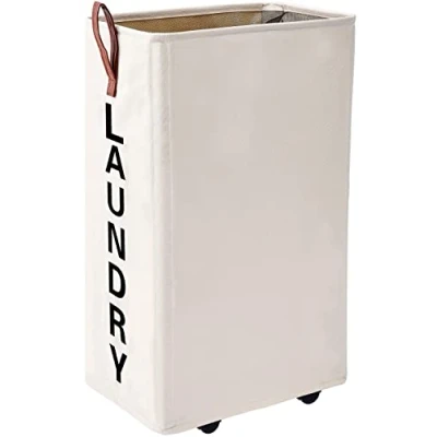Image of Homlikelan Foldable Laundry Basket with Long Handles, 45L Standing Slim Free Rectangular Dirty for Corners, Beige