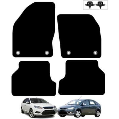 Image of Carsio Carpet Car Mats For Ford Focus MK2 2005 2011 4 Piece Set Tailored Fit Floor Mat Complete Accessory Black Custom Fitted All Weather, Anti Slip Backing &amp; Trim