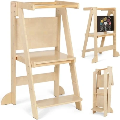 Image of KIDINIX Foldable Kitchen Tower, Height Adjustable Toddler Step Stool with Safety Rails, Wooden Learning Tower Blackboard for Kids 16 Years, Design and Space saving, Nature Light Oak