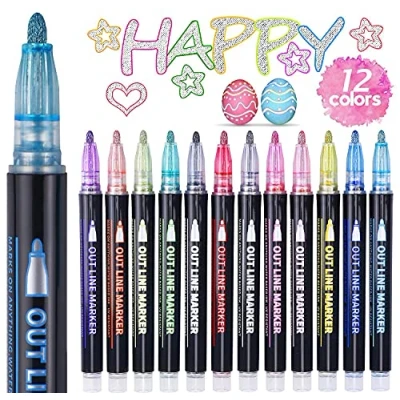 Image of ECtury Glitter Pens Outline Marker Pens, Gifts for Teenage Girls, Stocking Fillers Kids, 12 Colours Metallic Double Line Scrapbooking, Christmas 4 Year Old Girls Kids