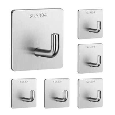 Image of SHFYFHS Self Adhesive Hooks Stainless Steel,6 Pack Towel Wall Sticky Hooks,304 Steel Hooks,Waterproof and Rustproof for Bedrooms Kitchen Bathrooms Door Closet,1.65X1.65 inch