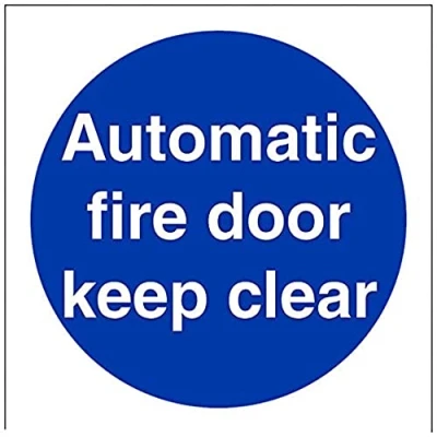 Image of V Safety Automatic Fire Door Keep Clear Mandatory Sign 100mm x Self Adhesive Vinyl