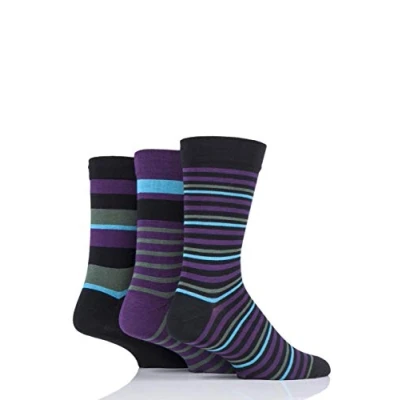 Image of 3 Pair Black Comfort Cuff Gentle Bamboo Striped and Plain Socks with Smooth Toe Seams Men&#039;s 12 14 Mens SOCKSHOP