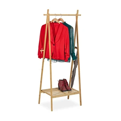 Image of Relaxdays Bamboo Clothes Rack, Foldable, Rail with Shelf, 4 Hooks, HxWxD: 160 x 74 42 cm, Free Standing, Brown, 160x74x42 cm
